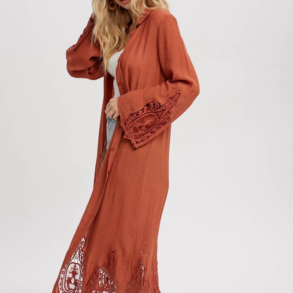 Crochet trim shirt cardigan in terra-cotta